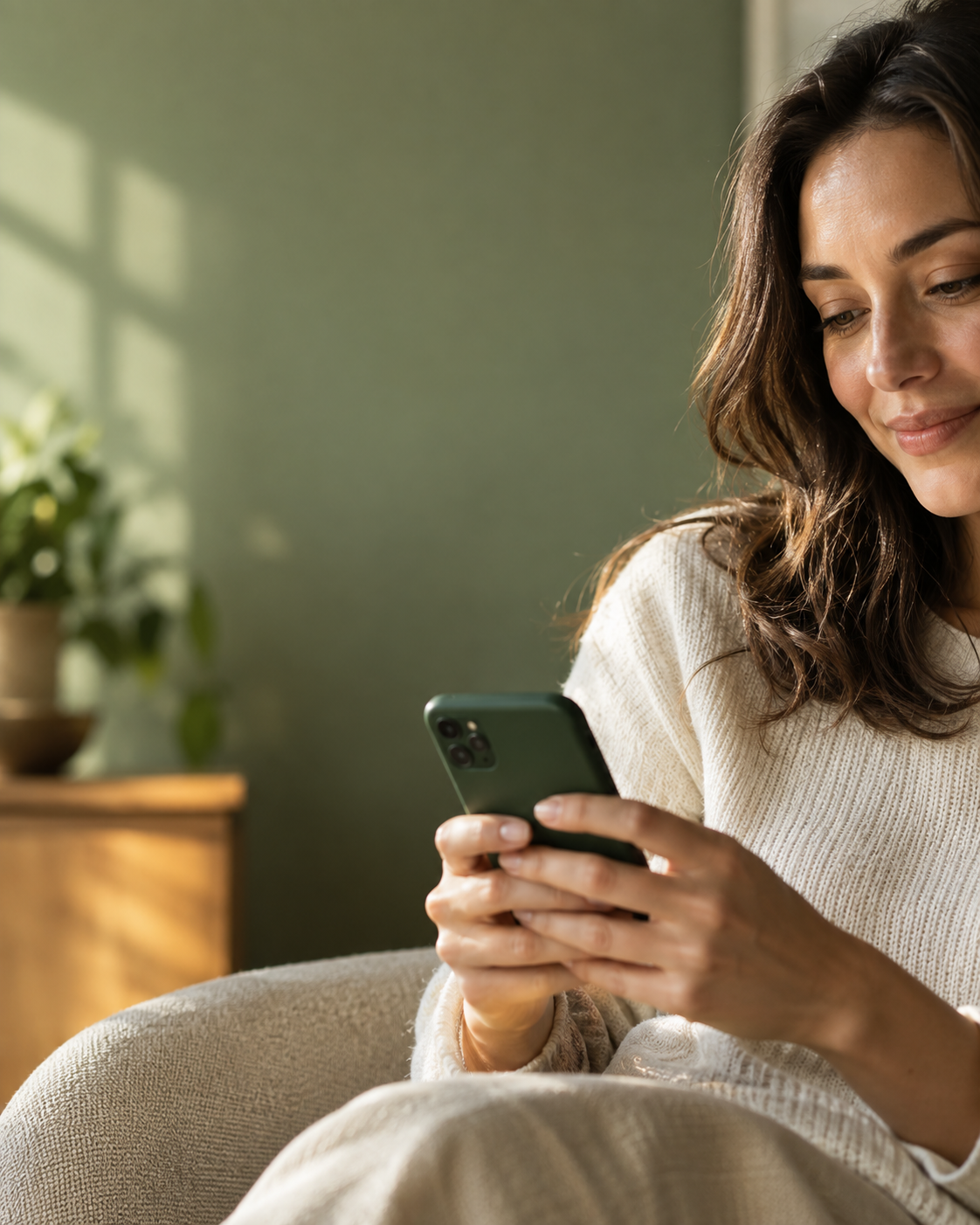 A woman relaxing at home while using her phone